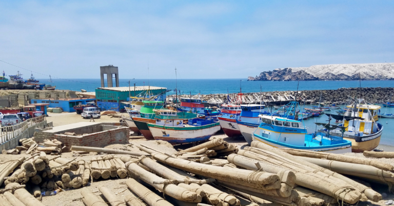 Image of a Peruvian port, with boats and rafts to get to vessels.