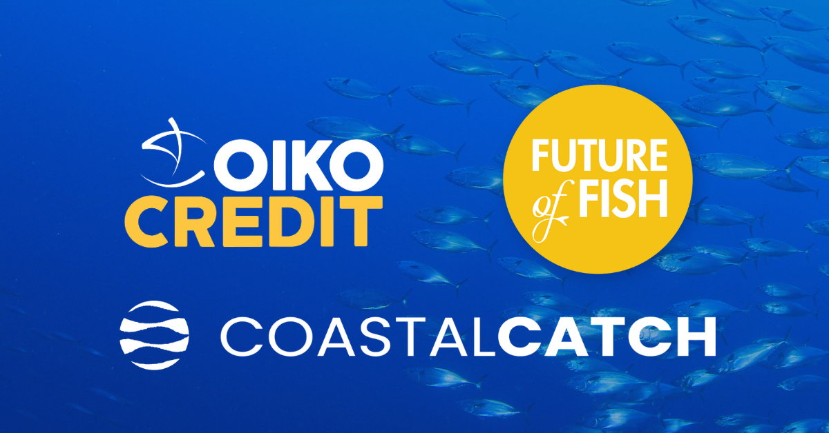 Image of a school of tuna with logos of Oikocredit, Coastal Catch and Future of Fish above.