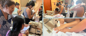 Three photos of women learning how to sew.