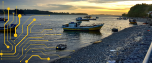 Photo of Chilean fishing boat on the water, with a sunset in the background. There is a graphic representing technology through connected dots overlayed on the image.